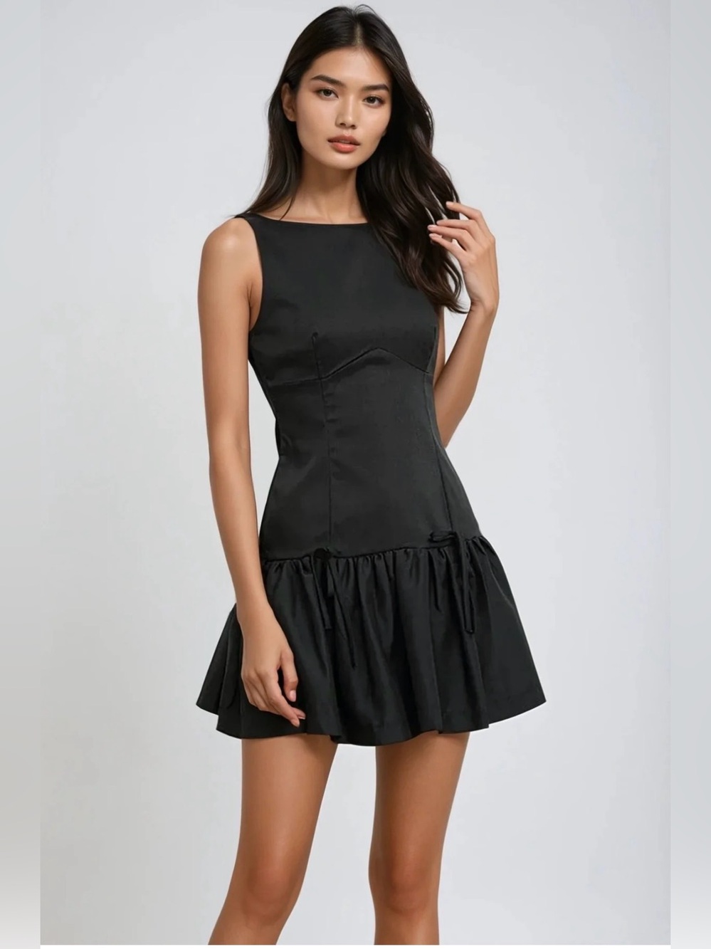 Elegant Black Sleeveless Ruffle-Hem Mini Dress (Designer Dupe)